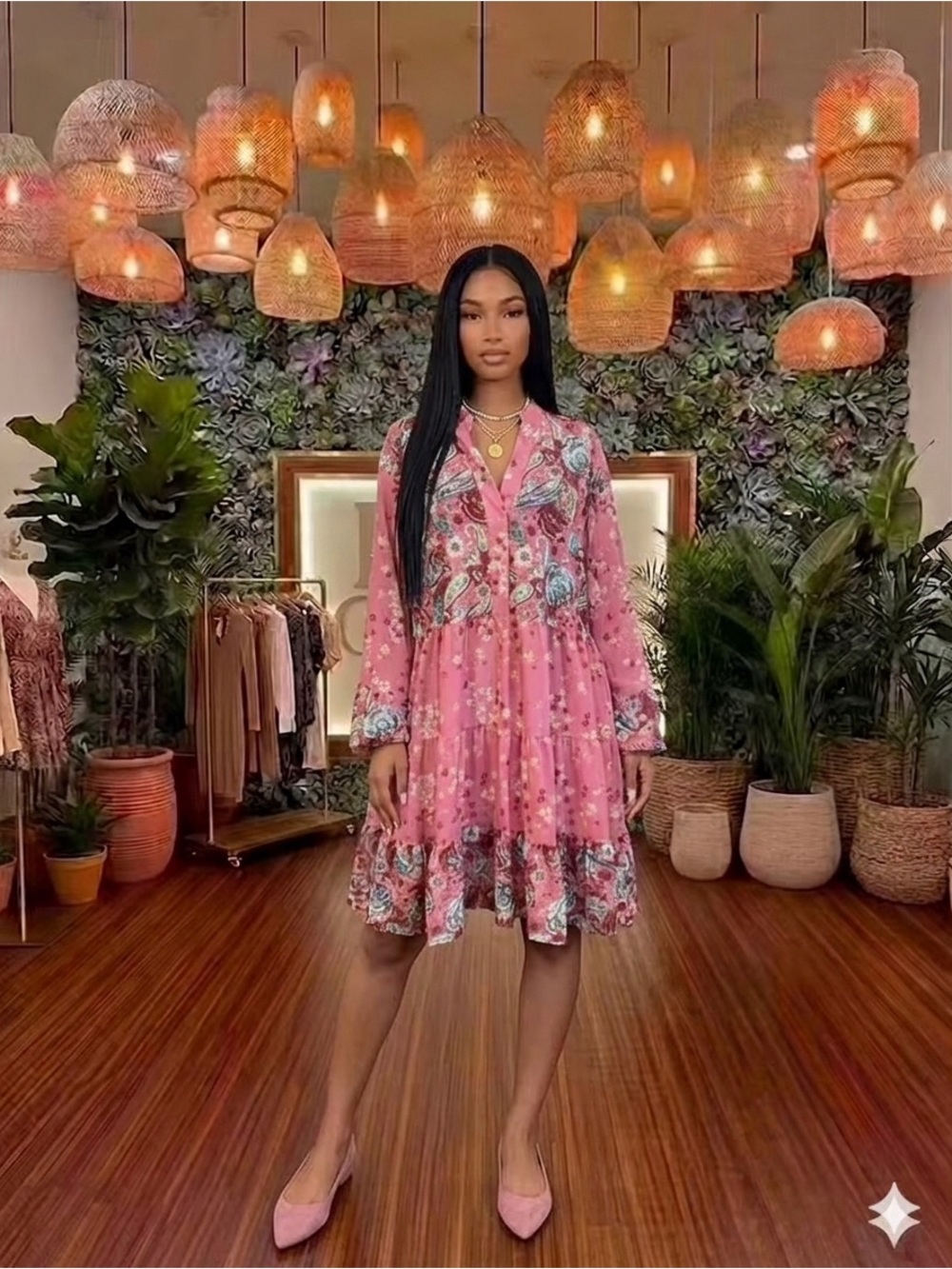 Pink Floral Long Sleeve Tiered Tunic Chic Dress